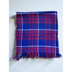 Vintage Troy Leisure Blanket Fringed Lap Throw Plaid Blue Red 52”x56”